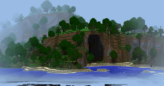 a zoomed out view of two mountains with forests on top of them
