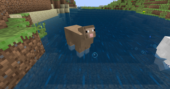 a brown sheep looking at me whilst swimming